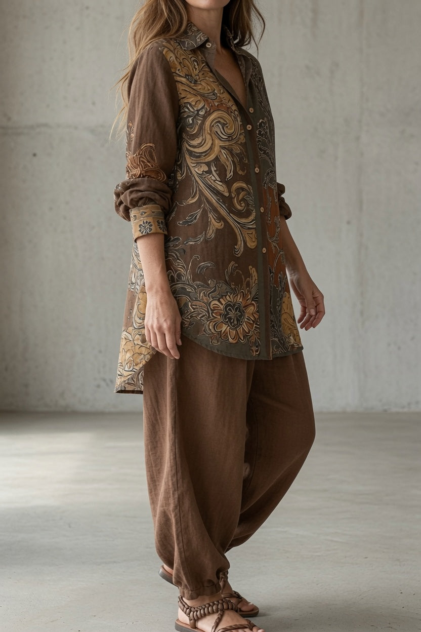 Odeline | Ensemble Femme Chemise et Pantalon à Imprimé Vintage