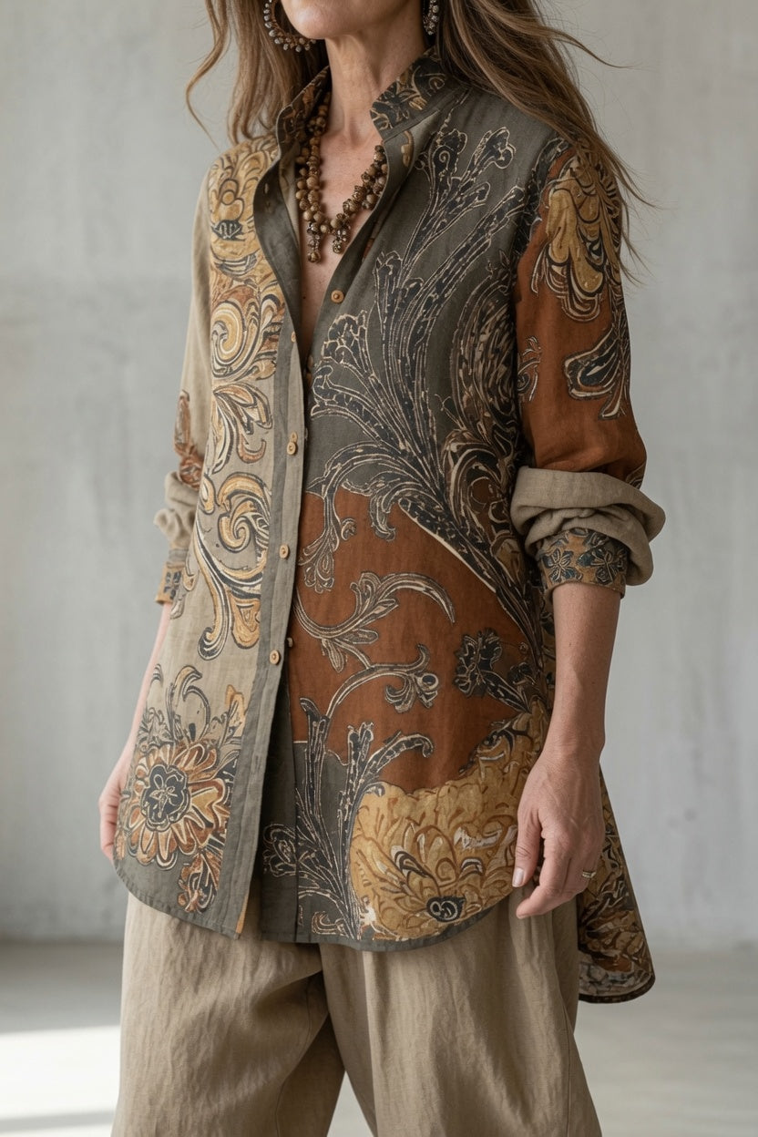 Odeline | Ensemble Femme Chemise et Pantalon à Imprimé Vintage