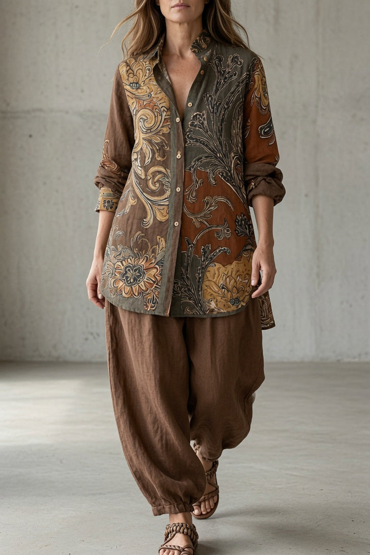 Odeline | Ensemble Femme Chemise et Pantalon à Imprimé Vintage
