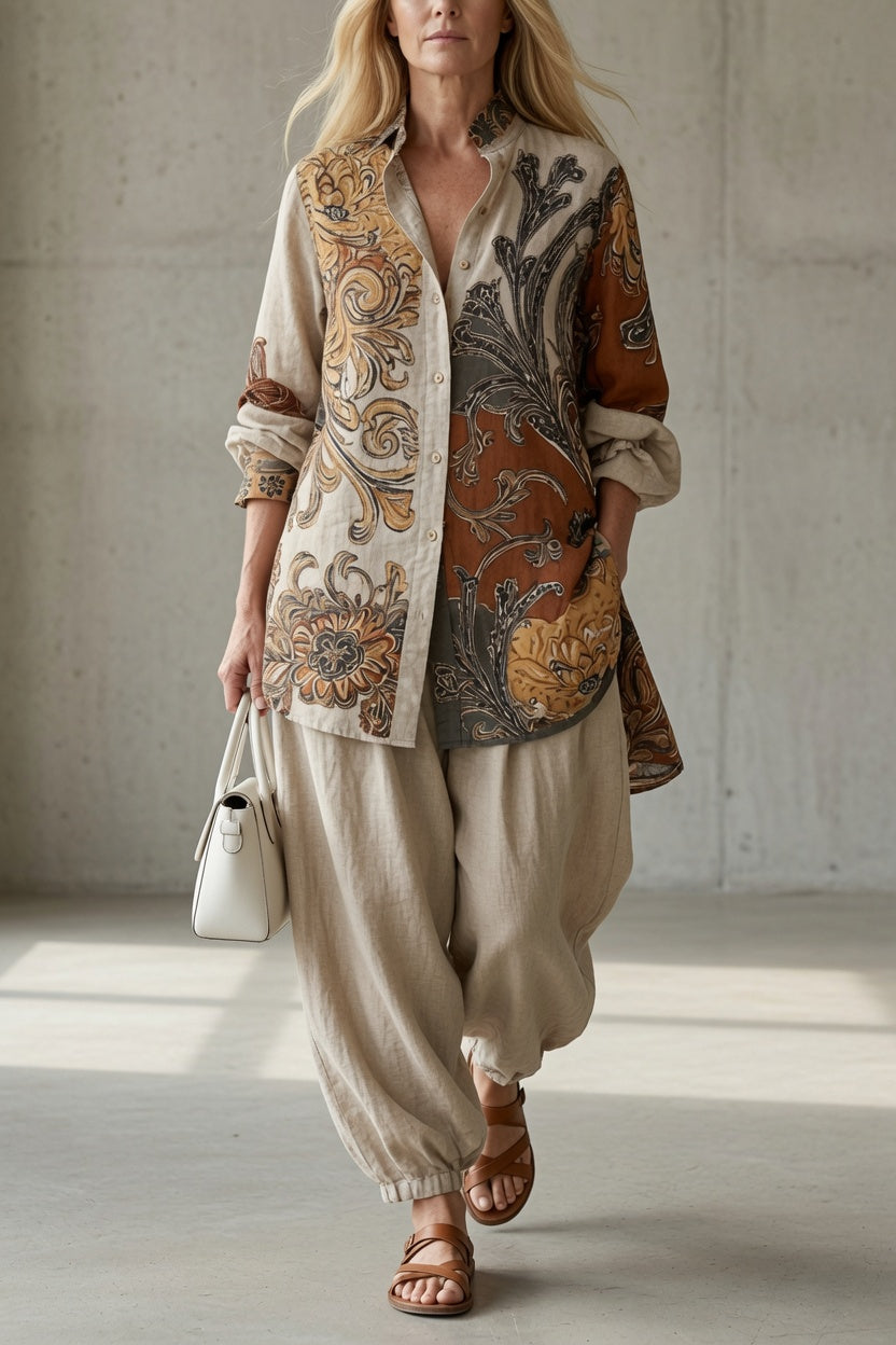 Odeline | Ensemble Femme Chemise et Pantalon à Imprimé Vintage