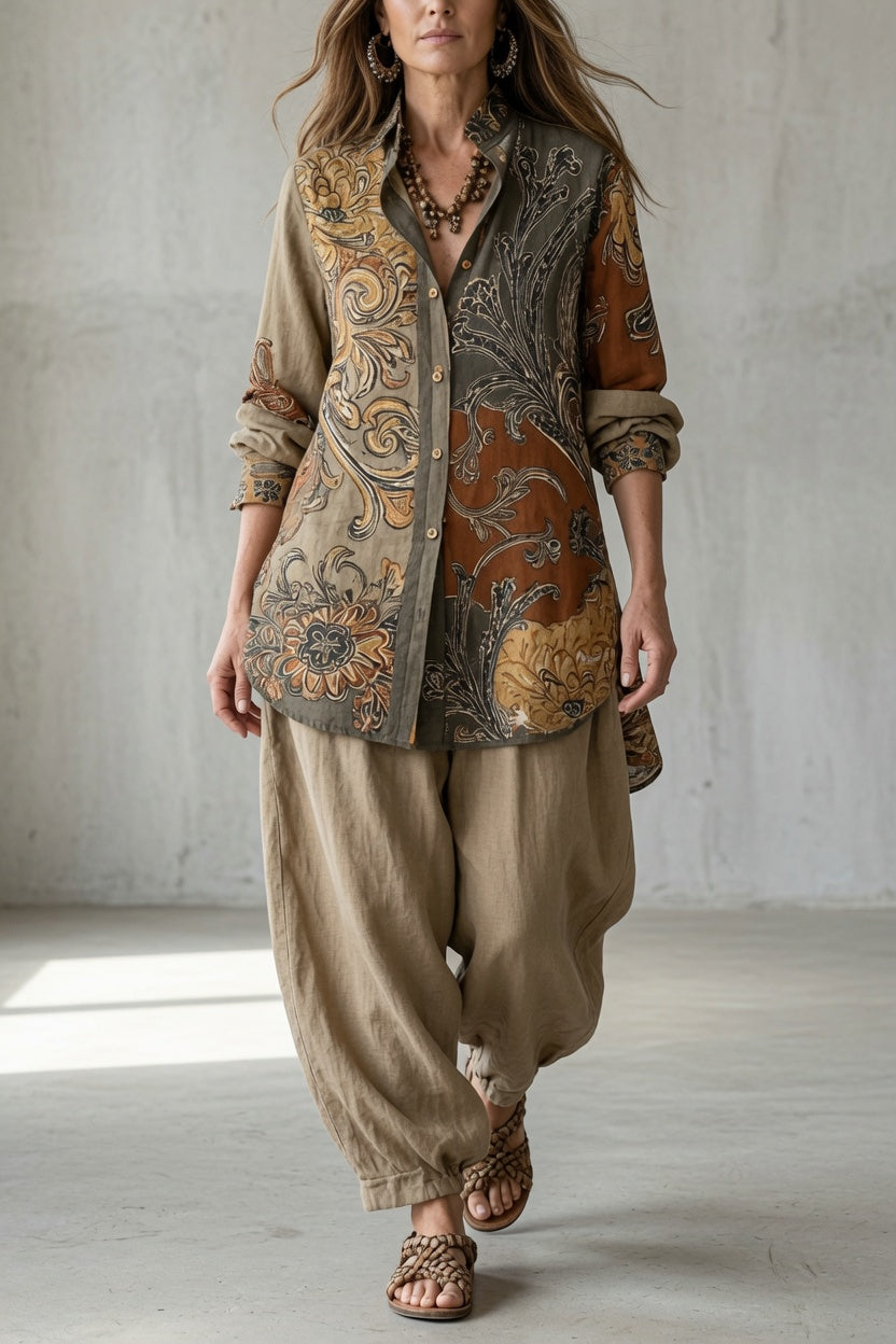 Odeline | Ensemble Femme Chemise et Pantalon à Imprimé Vintage