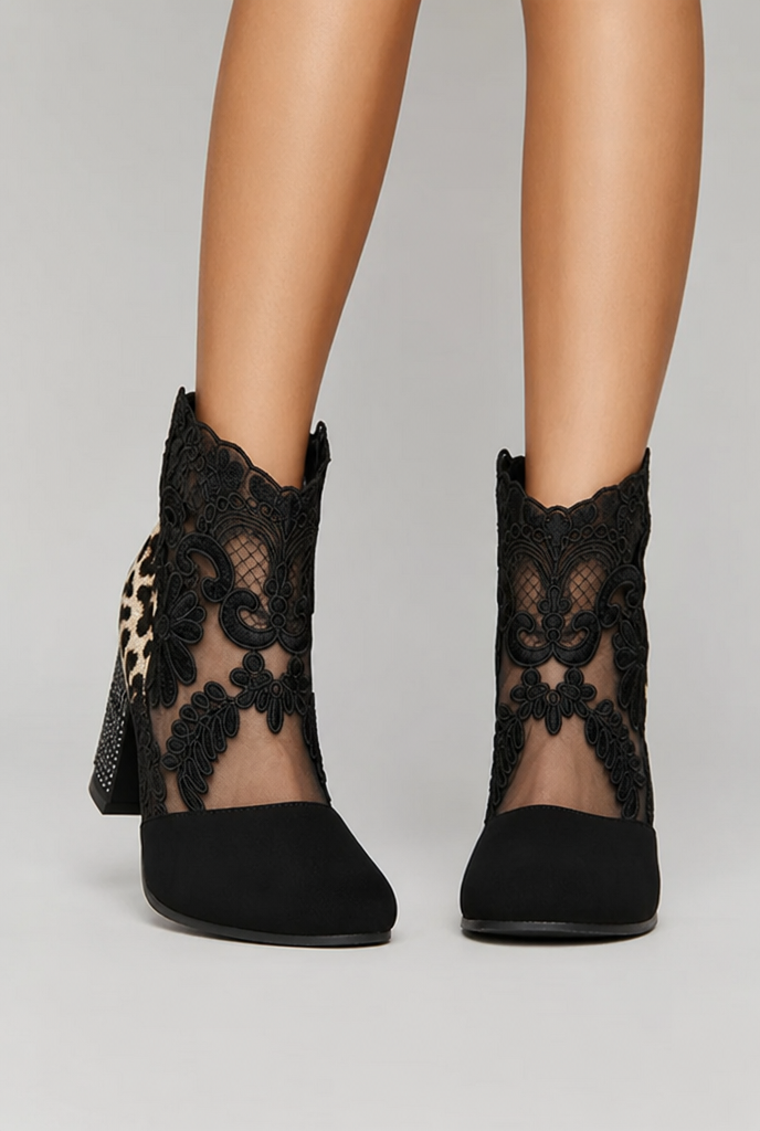 Olivia | Bottines Femme en Dentelle Florale à Talon Bloc