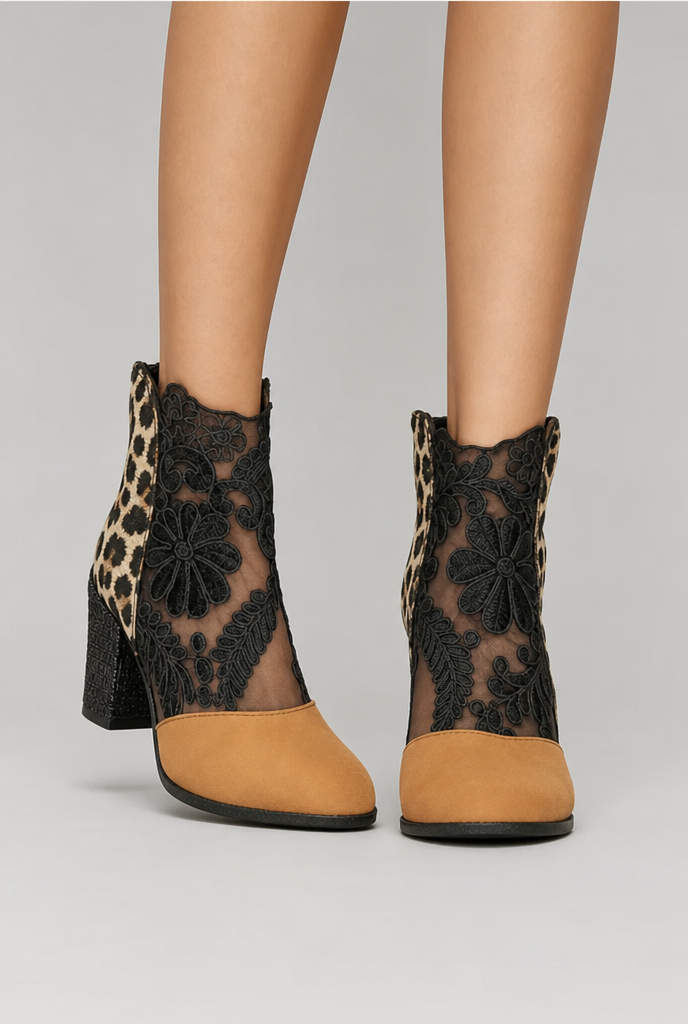 Olivia | Bottines Femme en Dentelle Florale à Talon Bloc