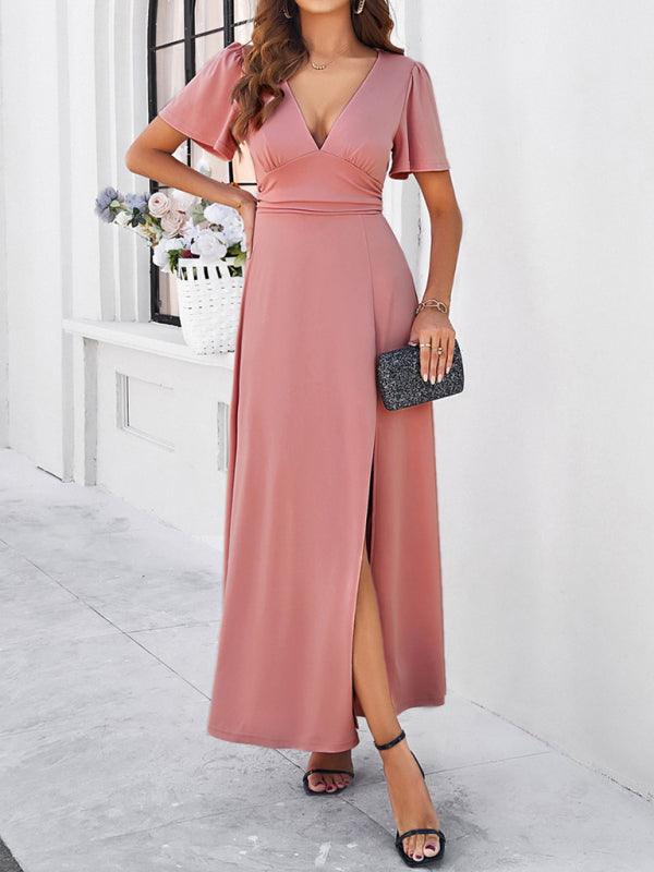 Robe longue fluide élégante col V soirée