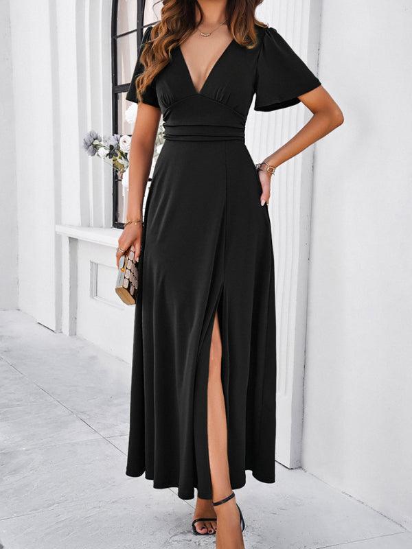 Robe longue fluide élégante col V soirée