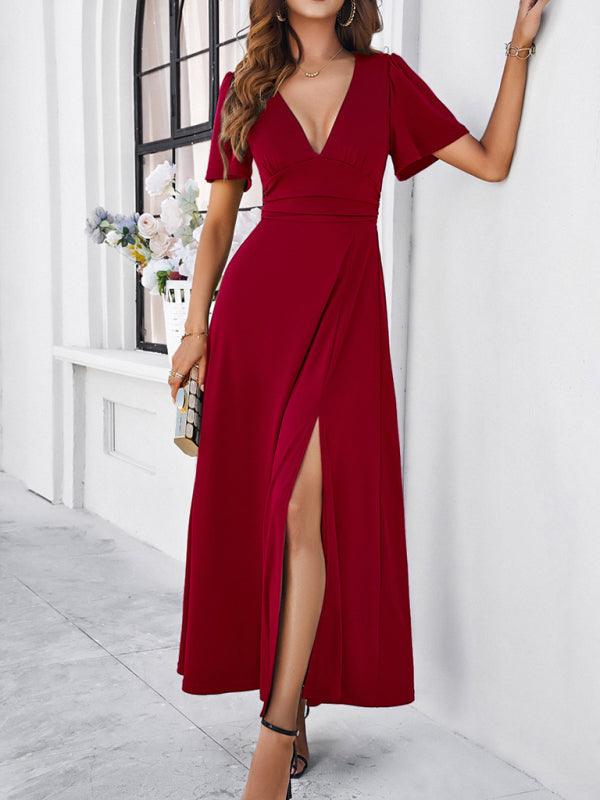 Robe longue fluide élégante col V soirée
