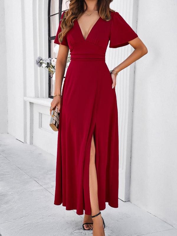 Robe longue fluide élégante col V soirée