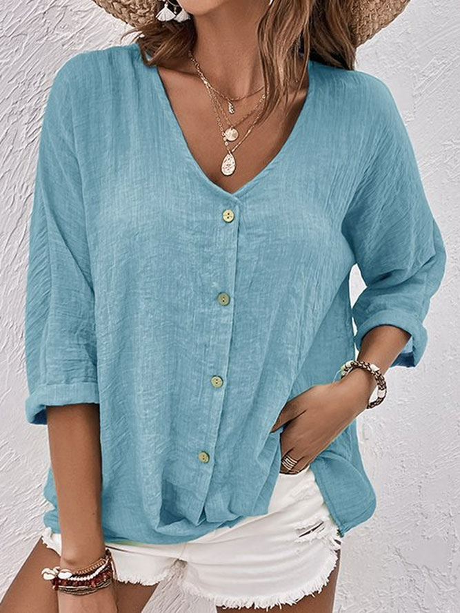 Blouse en lin mélangé col V bleu clair