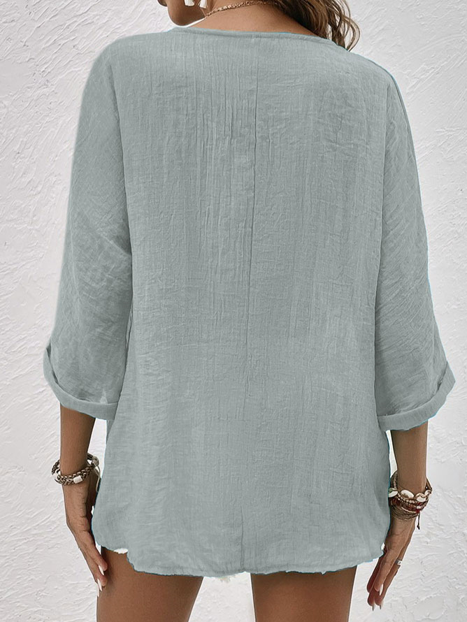 Blouse en lin mélangé col V bleu clair