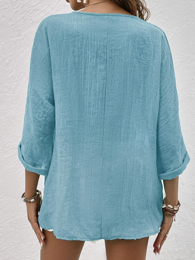 Blouse en lin mélangé col V bleu clair