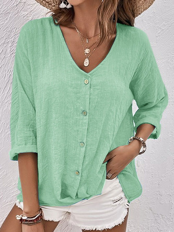 Blouse en lin mélangé col V bleu clair