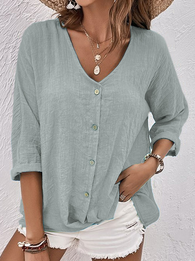 Blouse en lin mélangé col V bleu clair