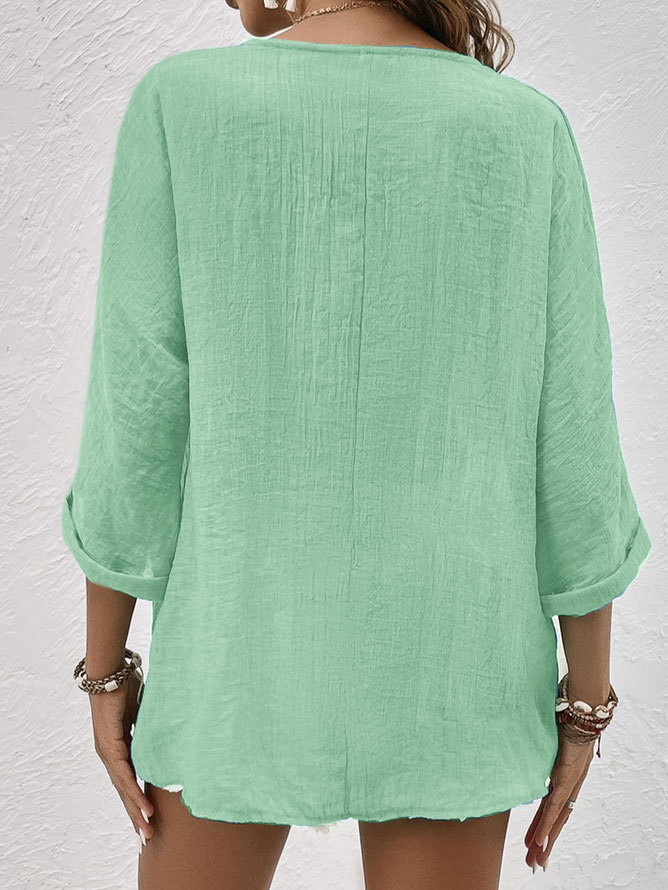 Blouse en lin mélangé col V bleu clair