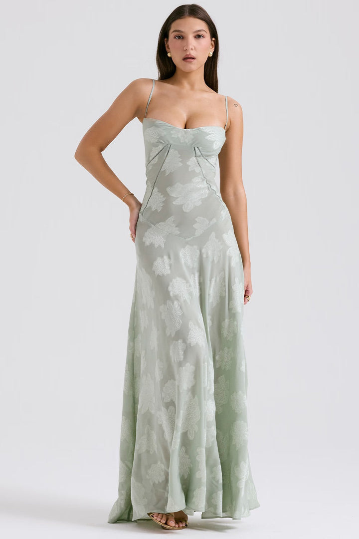Robe longue en dentelle scintillante avec bretelles fines