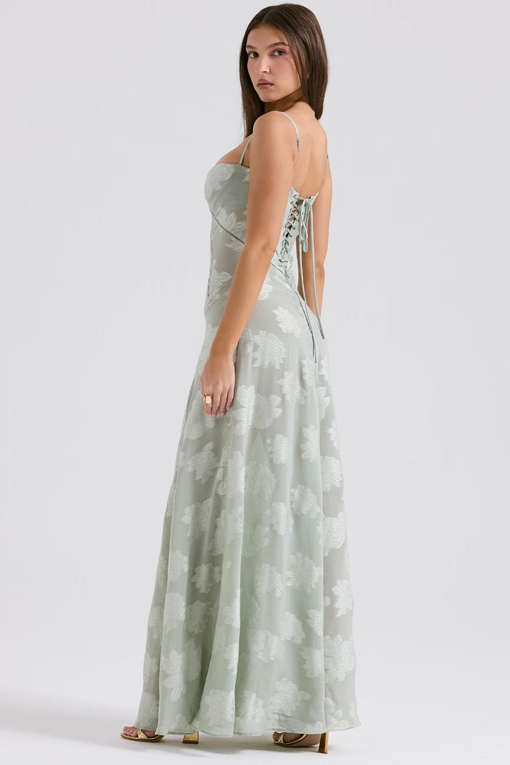 Robe longue en dentelle scintillante avec bretelles fines