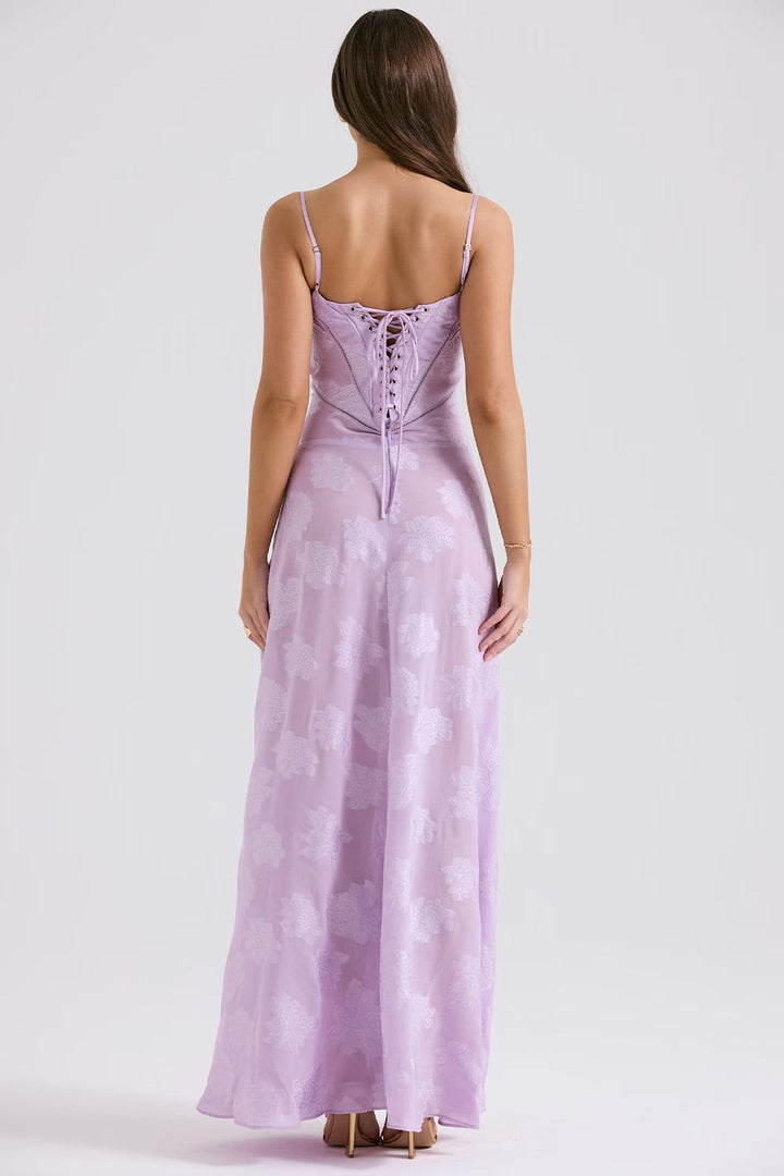 Robe longue en dentelle scintillante avec bretelles fines