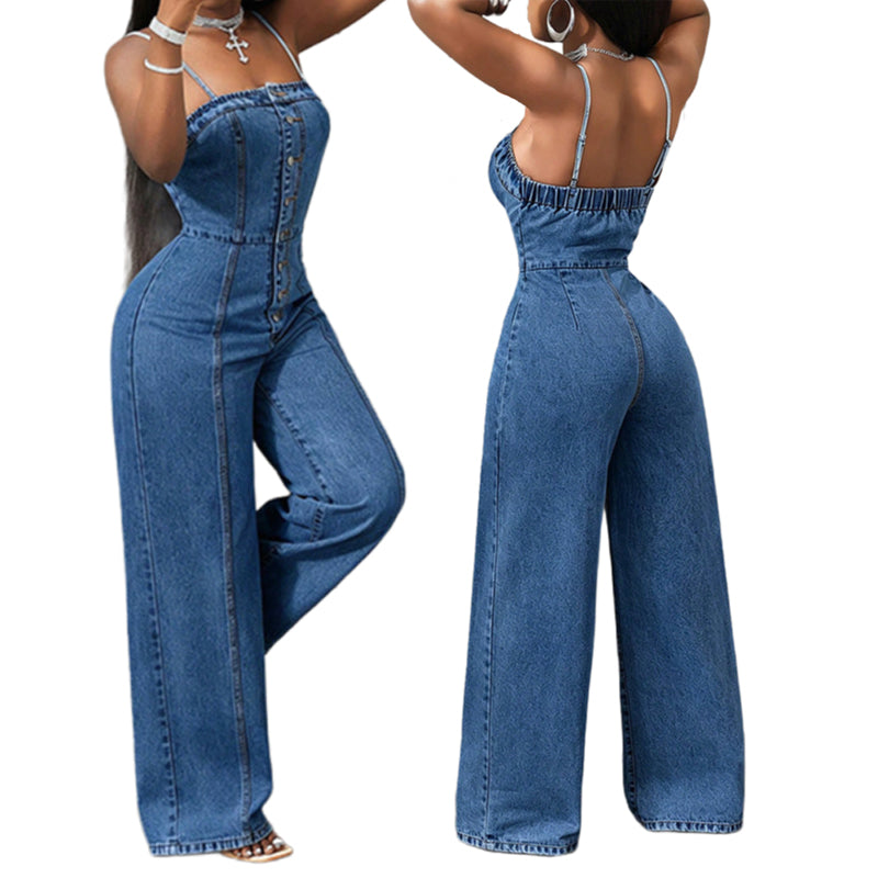 Celeste | Combinaison Femme en Denim à Taille Haute et Jambes Larges