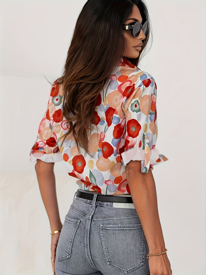 Blouse Fleurie à Boutonnage Classique et Coupe Relax