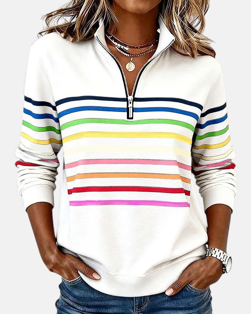Valenne | Sweat-Shirt Femme Rayé à Fermeture Éclair Quart de Zip