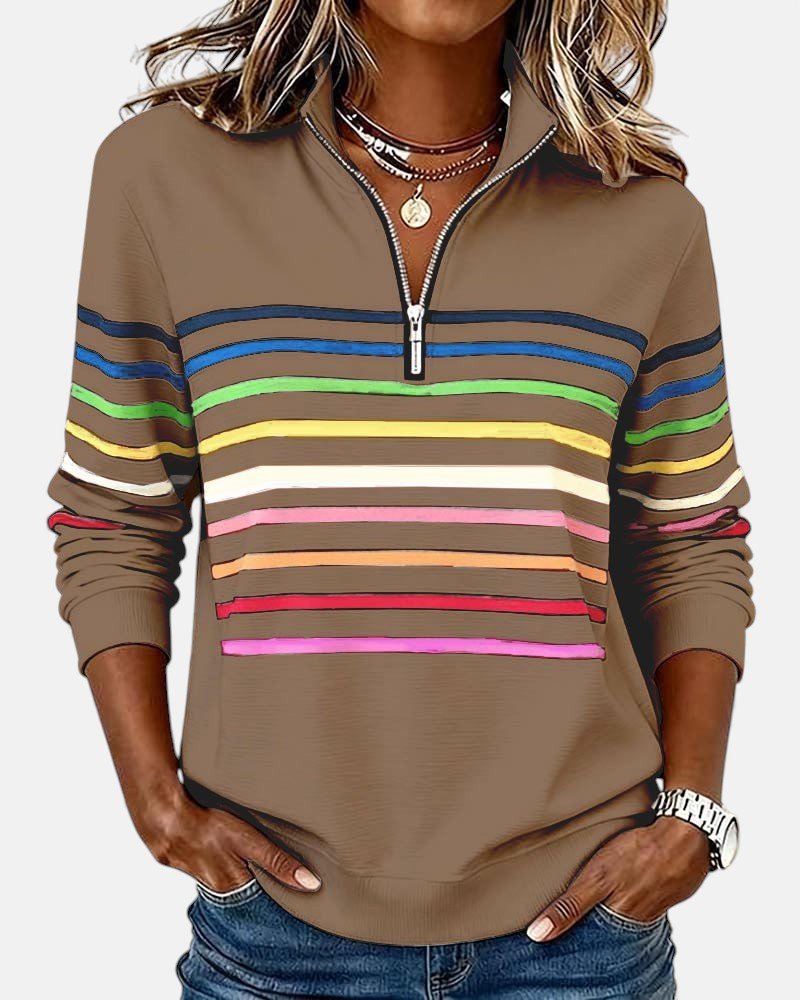 Valenne | Sweat-Shirt Femme Rayé à Fermeture Éclair Quart de Zip